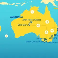 Mapa pokazuje główne australia miasta: Sydney, Melbourne, Brisbane, Canberra, a także atrakcje jak Góra Uluru.