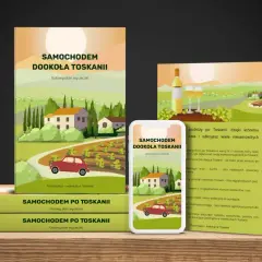 Przewodnik po Toskanii "Samochodem Dookoła Toskanii" z planem wycieczki, ilustracją winnic i czerwonego auta.