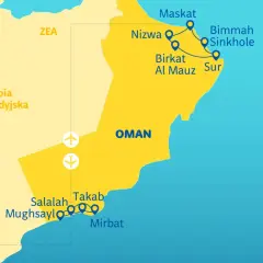 Mapa pokazuje trasę podróży po Omanie na własną rękę, z zaznaczonymi miastami: Maskat, Nizwa, Sur, Salalah i Mirbat.