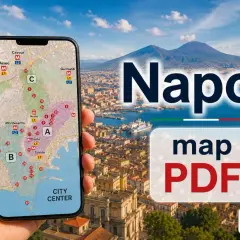Mapa PDF Neapolu z zaznaczonymi dzielnicami: A, B, C. Widok na Wezuwiusza i zatokę.