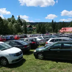 Duży parking przy Szczelińcu Wielkim. Wiele samochodów na trawie, w tle domki i las. Sprawdź cenę parkingu przed wizytą.