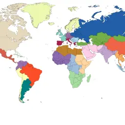Mapa świata z zaznaczonymi regionami. Turcja leży w regionie Bliskiego Wschodu, na styku Europy i Azji.