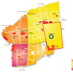 Mapa Starego Miasta w Jerozolimie, gdzie widać podział na kwartały: chrześcijański, muzułmański, żydowski i ormiański.