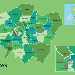 Mapa pokazuje, gdzie jest Londyn, jego dzielnice i główne atrakcje, takie jak Pałac Buckingham i Tower of London.