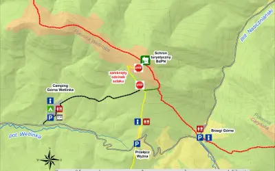 Mapa szlaków Bieszczadów: Połonina Wetlińska, Camping Górna Wetlinka, schronisko, zamknięty odcinek szlaku, Przełęcz Wyżna, Brzegi Górne.