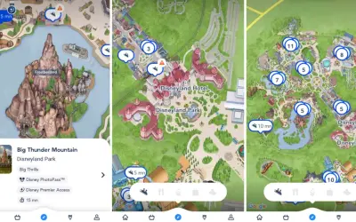Mapy Disneyland Paris pokazują rozległą powierzchnię parku, atrakcje i hotele.