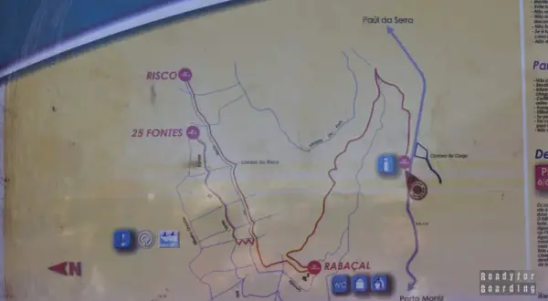 Mapa szlaków turystycznych na Maderze, pokazujący trasy lewadów, w tym 25 Fontes i Risco.