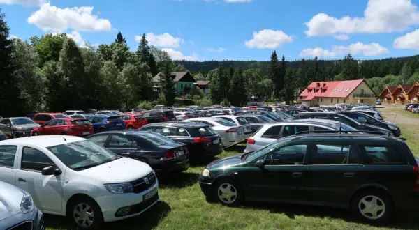 Duży parking przy Szczelińcu Wielkim. Wiele samochodów na trawie, w tle domki i las. Sprawdź cenę parkingu przed wizytą.