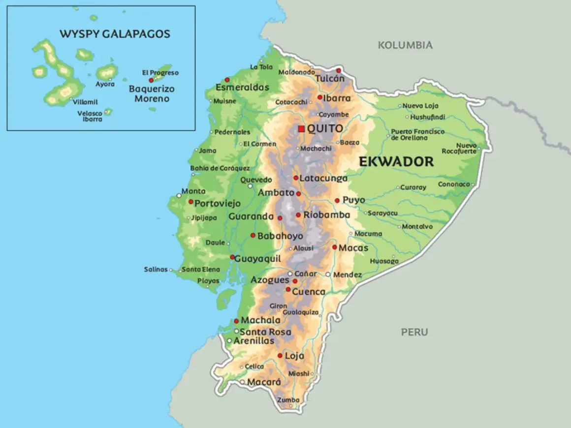 Mapa Ekwadoru z zaznaczonymi miastami i Wyspami Galapagos. Gdzie jest Ekwador? Na północnym zachodzie Ameryki Południowej, graniczy z Kolumbią i Peru.