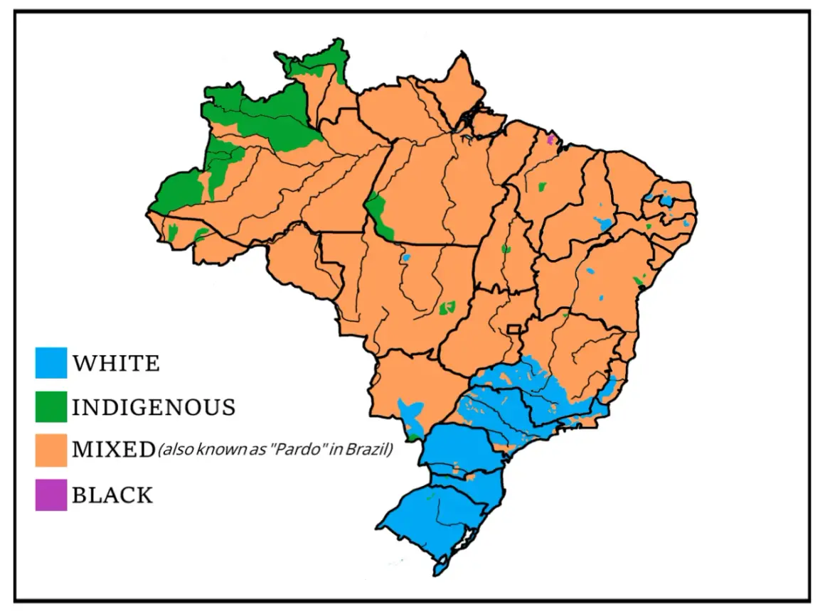 Mapa Brazylii z podziałem na grupy etniczne. Dominują kolory pomarańczowy (mieszani), niebieski (biali) i zielony (rdzenni). Brazylia kontynent.