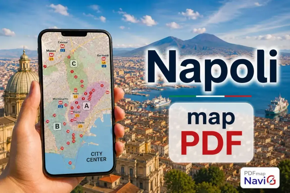 Mapa PDF Neapolu z zaznaczonymi dzielnicami: A, B, C. Widok na Wezuwiusza i zatokę.