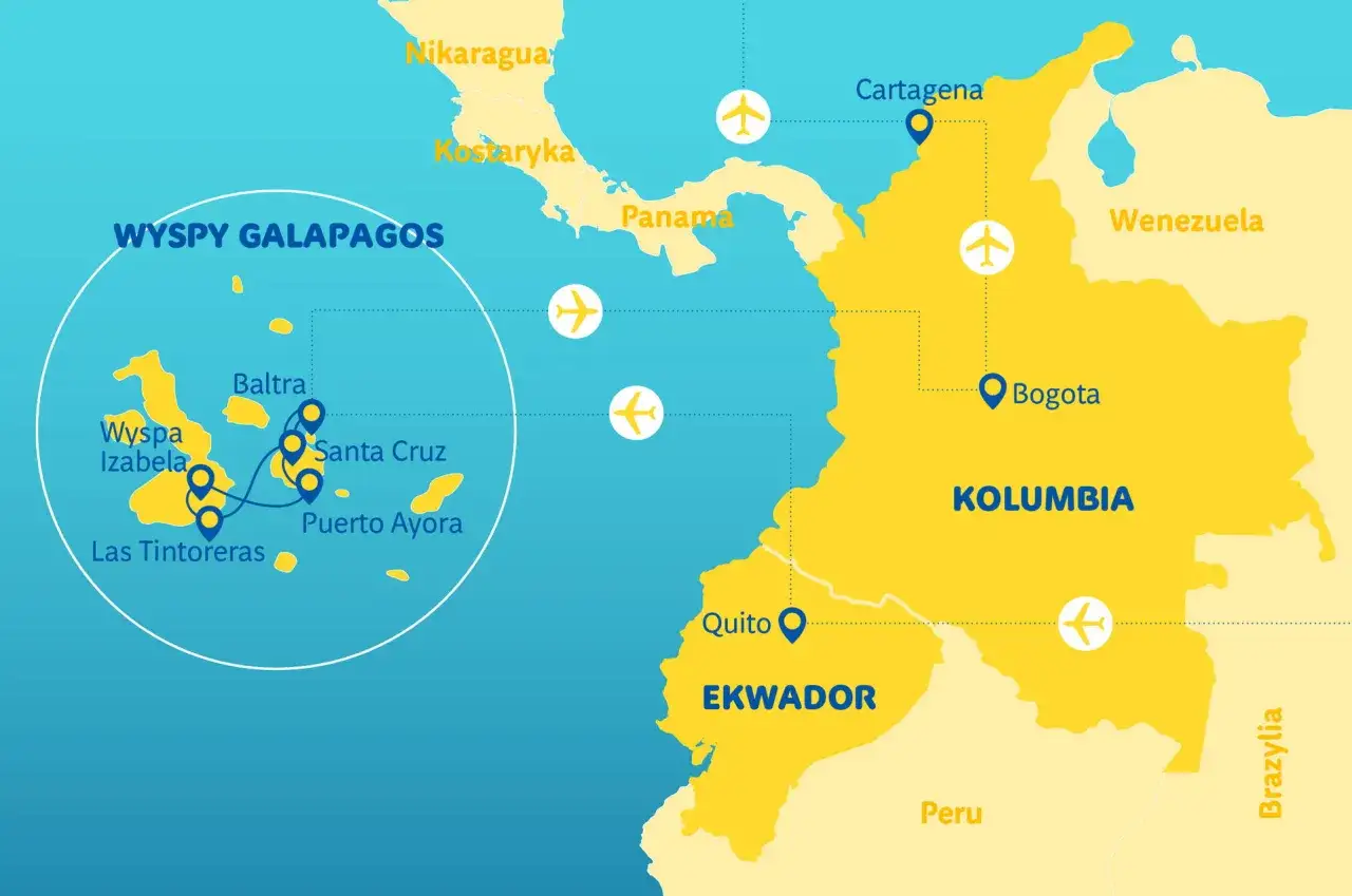 Mapa pokazuje Kolumbię, Wenezuelę, Peru i Brazylię. Gdzie jest Ekwador? Jest zaznaczony na żółto, z Quito jako stolicą, a na zachodzie Wyspy Galapagos.