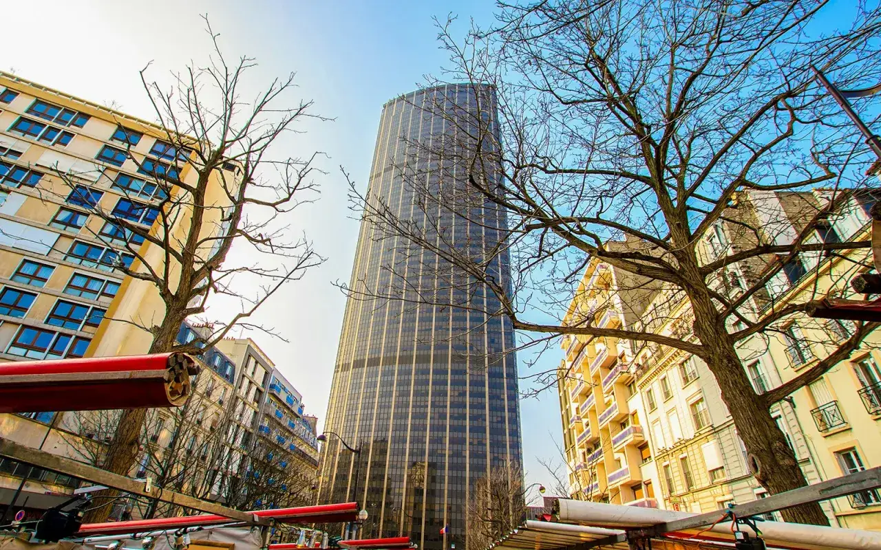 Wieżowiec Montparnasse góruje nad paryskimi kamienicami, a nagie gałęzie drzew tworzą malowniczą ramę dla miejskiego krajobrazu.