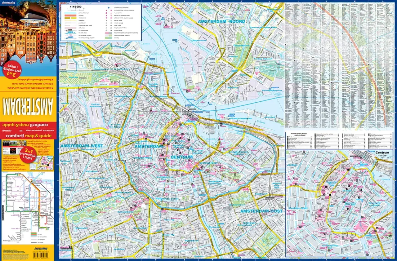 Mapa Amsterdamu z zaznaczonymi dzielnicami: Centrum, Amsterdam-West, Amsterdam-Noord i Amsterdam-Oost. Zawiera legendę i spis atrakcji.