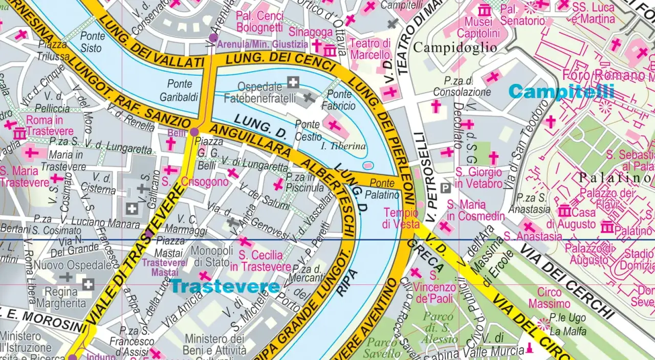 Mapa Rzymu z zaznaczonymi dzielnicami, rzeką i zabytkami. Czy Rzym to państwo? To miasto, stolica Włoch.