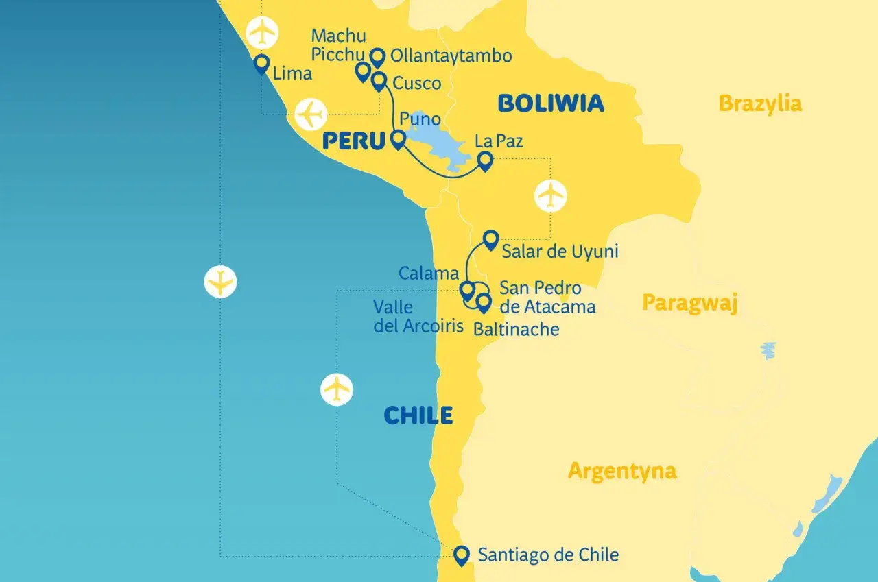 Mapa turystyczna Ameryki Południowej z zaznaczonymi trasami lotniczymi i miejscami: Peru, Boliwia, Chile, Argentyna, Paragwaj, Brazylia. Wiza do Chile jest kluczowa dla podróżnych.