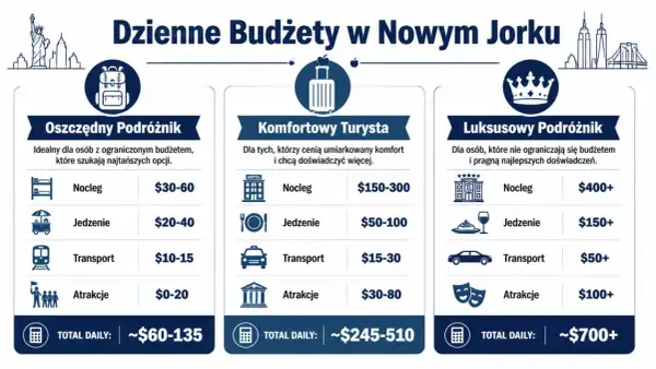 Ile kosztuje wycieczka do Nowego Jorku? Tabela pokazuje dzienne budżety: oszczędny (~$60-135), komfortowy (~$245-510) i luksusowy (~$700+).